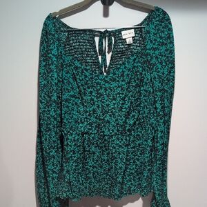 Ava & Viv Teal and Black Floral Tie-Neck Blouse